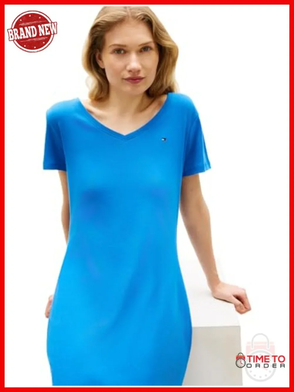 Cotton V-Neck T-Shirt Dress, Loose Fit, Short Sleeve, Casual Dress for Women